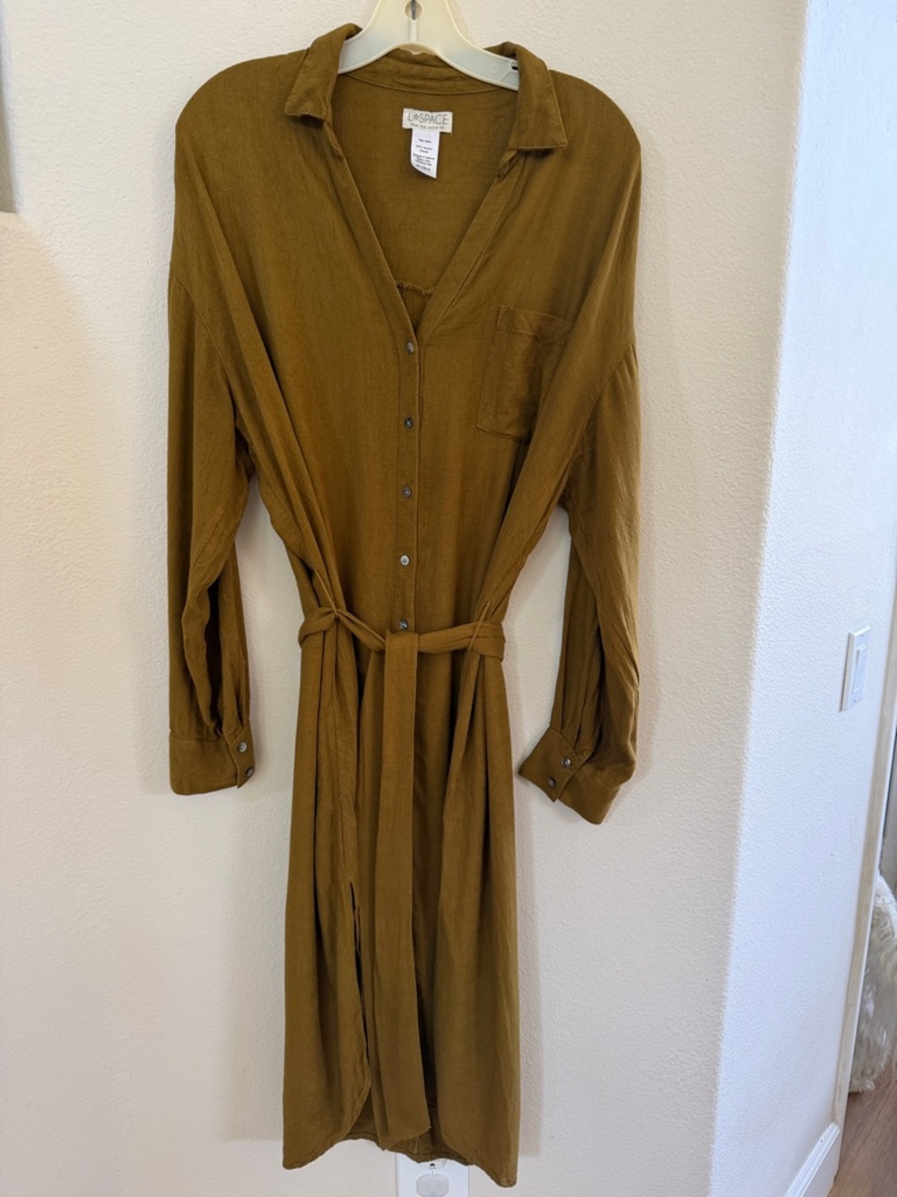 Lush Long Sleeve Button-Front Shirt Dress With Tie in Mustard Brown